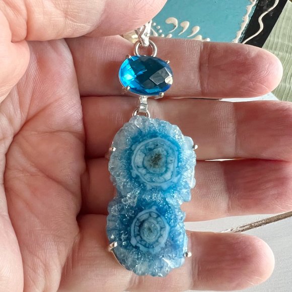 Solar Agate Blue Topaz Pendant Handmade Gemstone Crystal 925 Silver Long New! - Picture 8 of 9